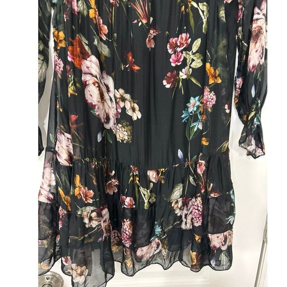 Bellambra Silk Blend Black Foral Babydoll Ruffle Hem Mini Dress XS Whimsigoth - Picture 7 of 15